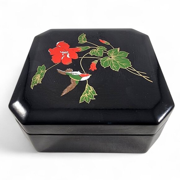 Vintage Japanese Lacquer Trinket Box Black Red Floral Retro Bird Decor Container - Picture 1 of 5